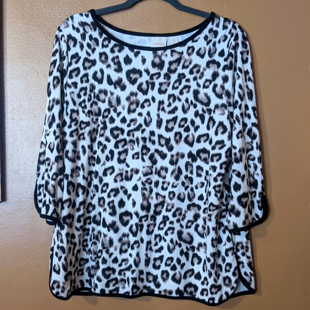 Chicos Leopard Print Top White, Black, Grey Women's Large